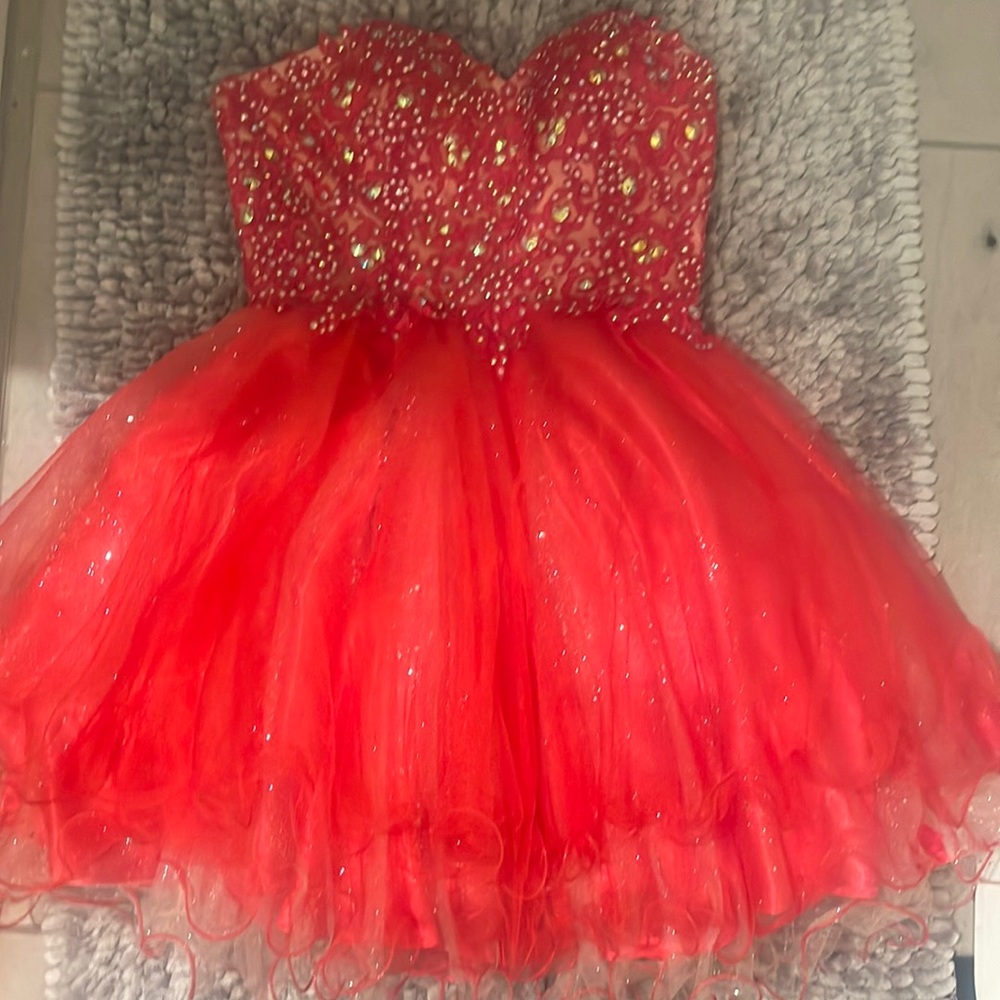 Strapless, Coral short prom or party dress. Size XS in Juniors, Hand Beaded